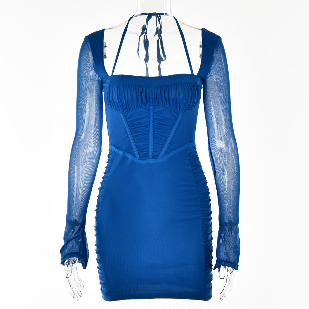 Sexy low-cut tight-fitting dress autumn long sleeve halter backless hip dresses for women