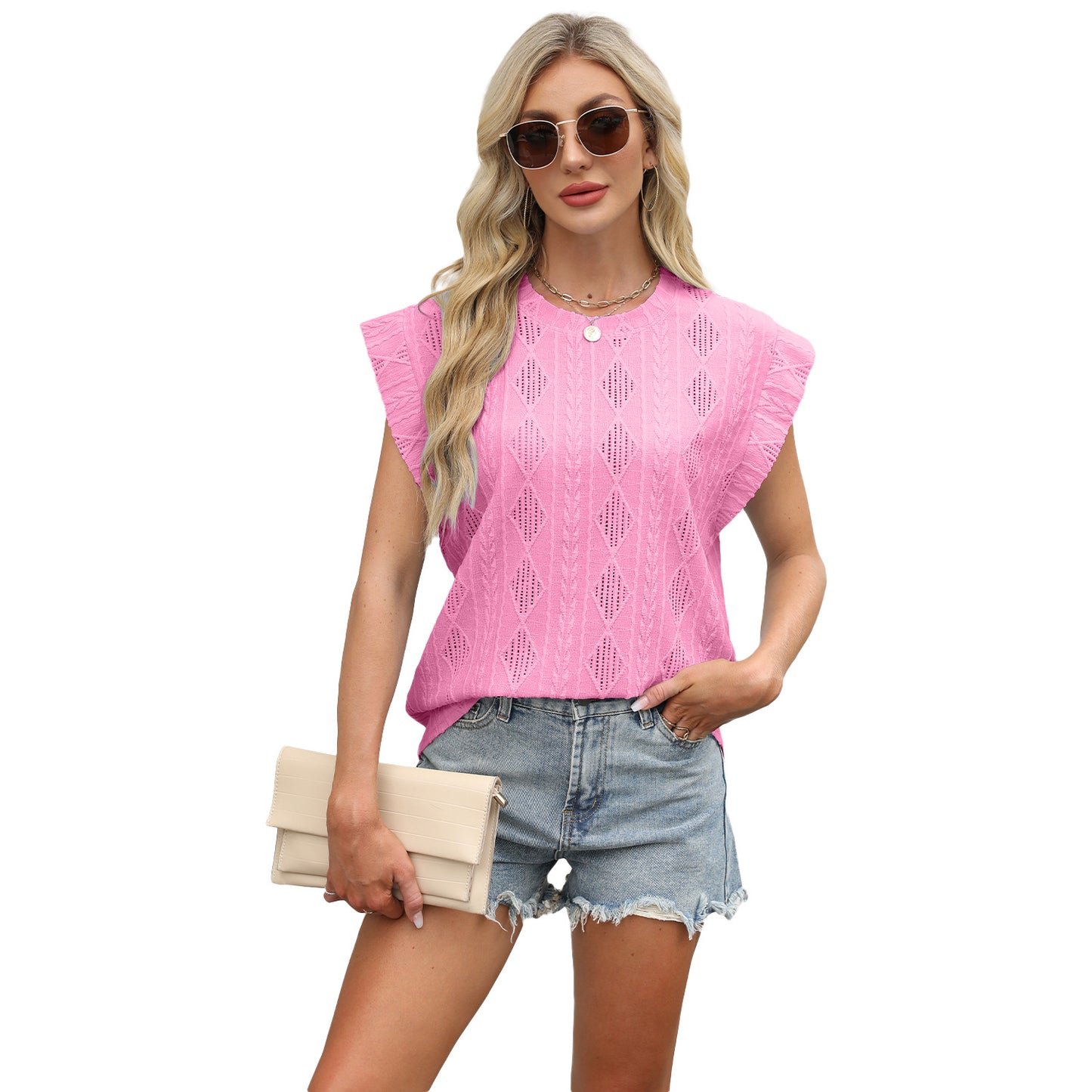 Spring and summer new round neck loose short-sleeved T-shirt jacquard top vest women