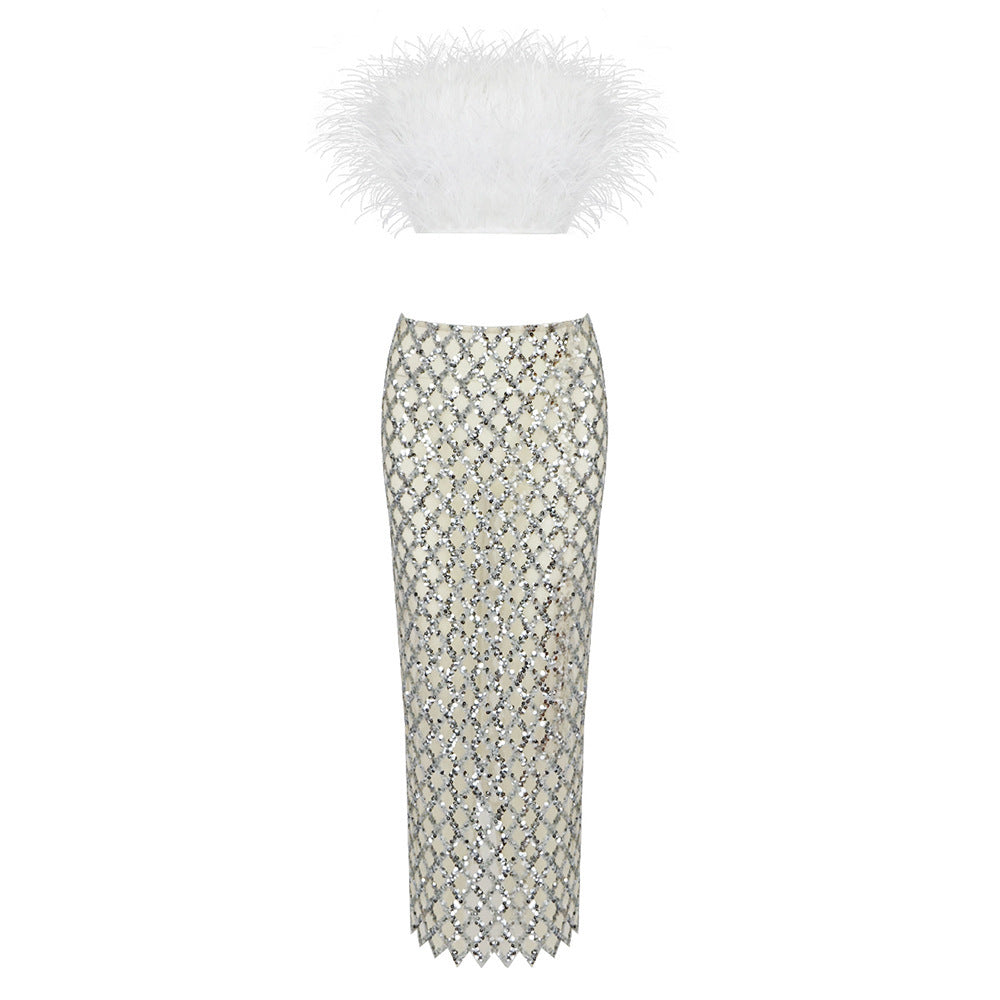 Ostrich Feather Tube Top Sequin Gauze Skirt Suit Elegant Two-Piece Set