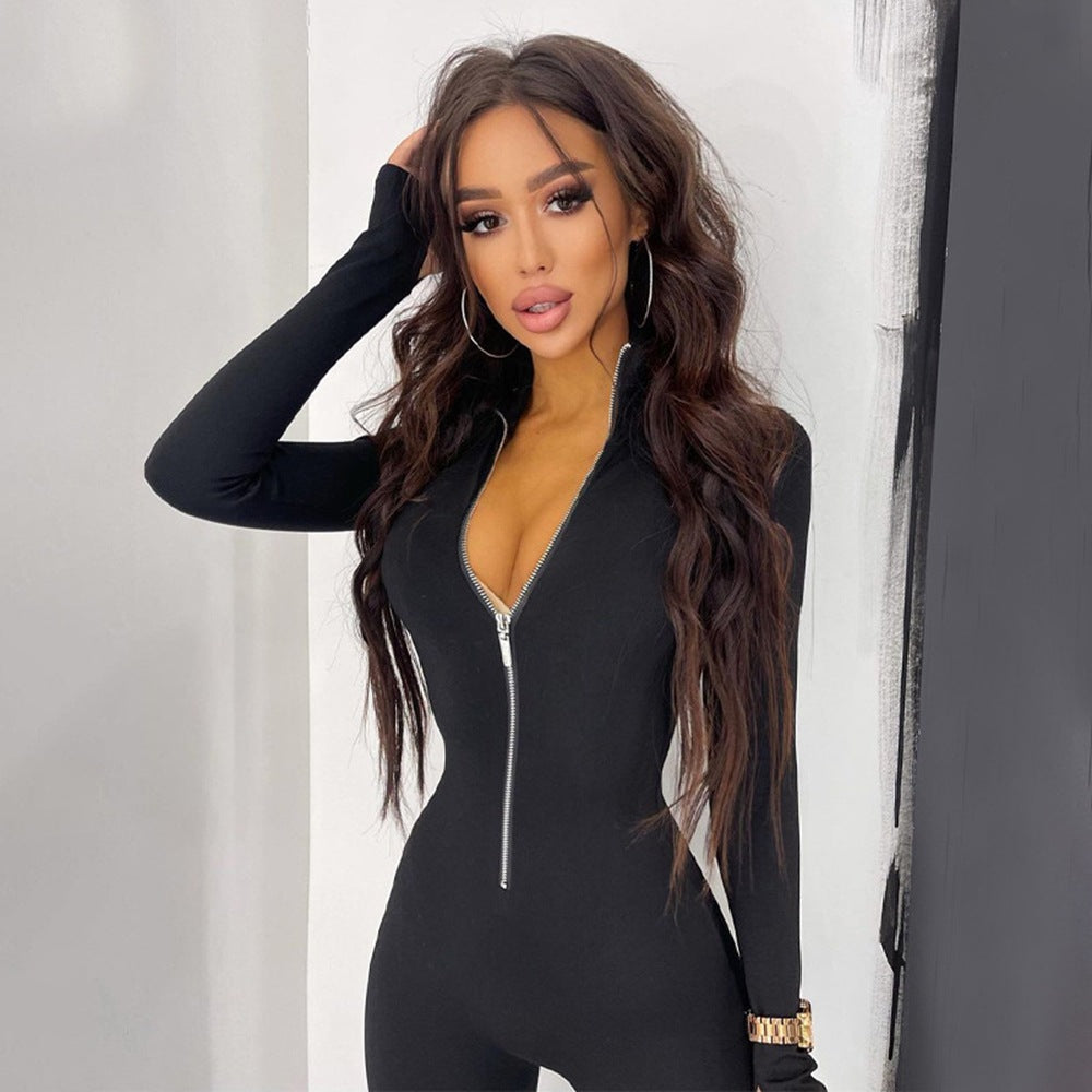 Women's long sleeve autumn and winter jumpsuit long metal zipper slim fit sports overalls