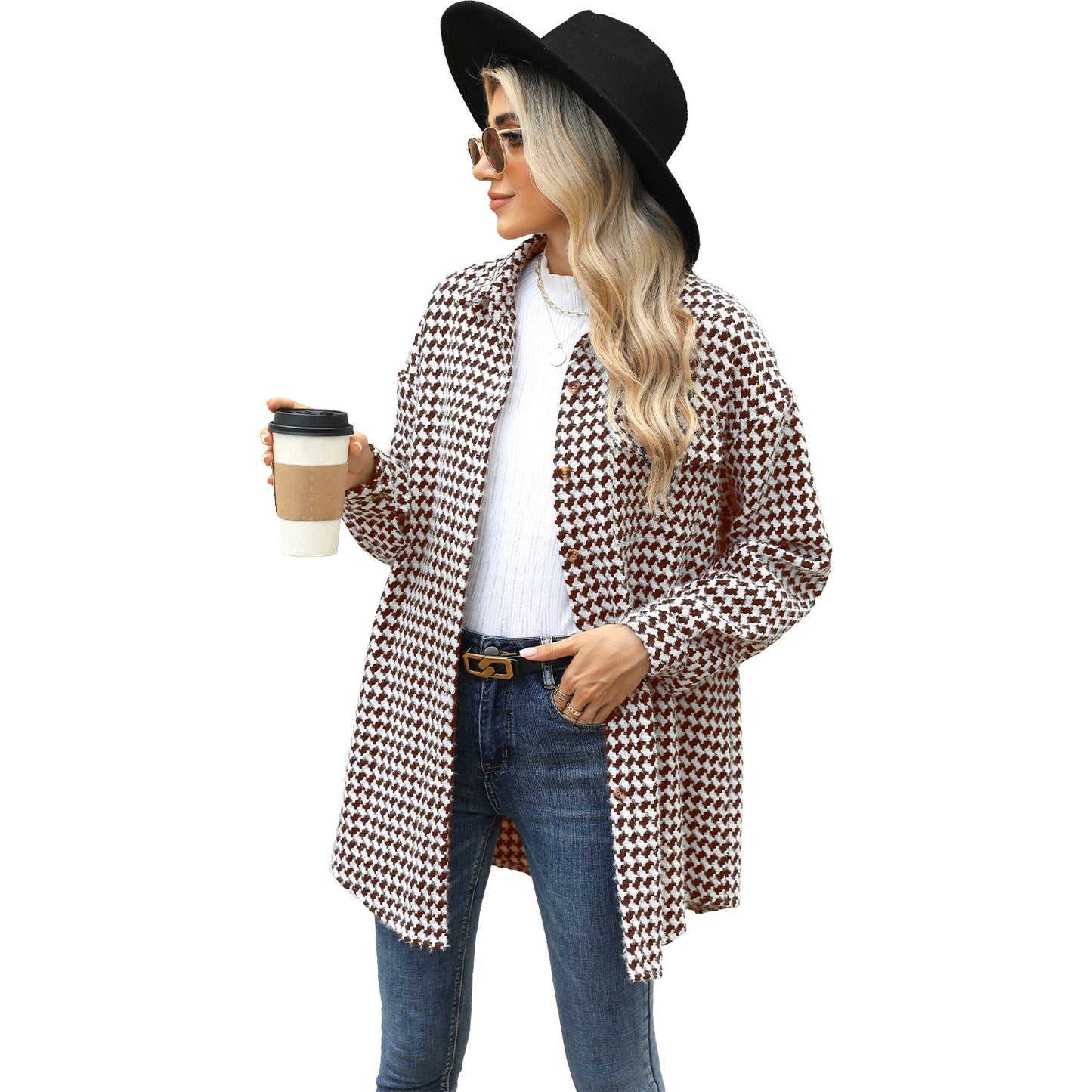 Autumn and Winter houndstooth polo collar top mid-length woolen coat for women