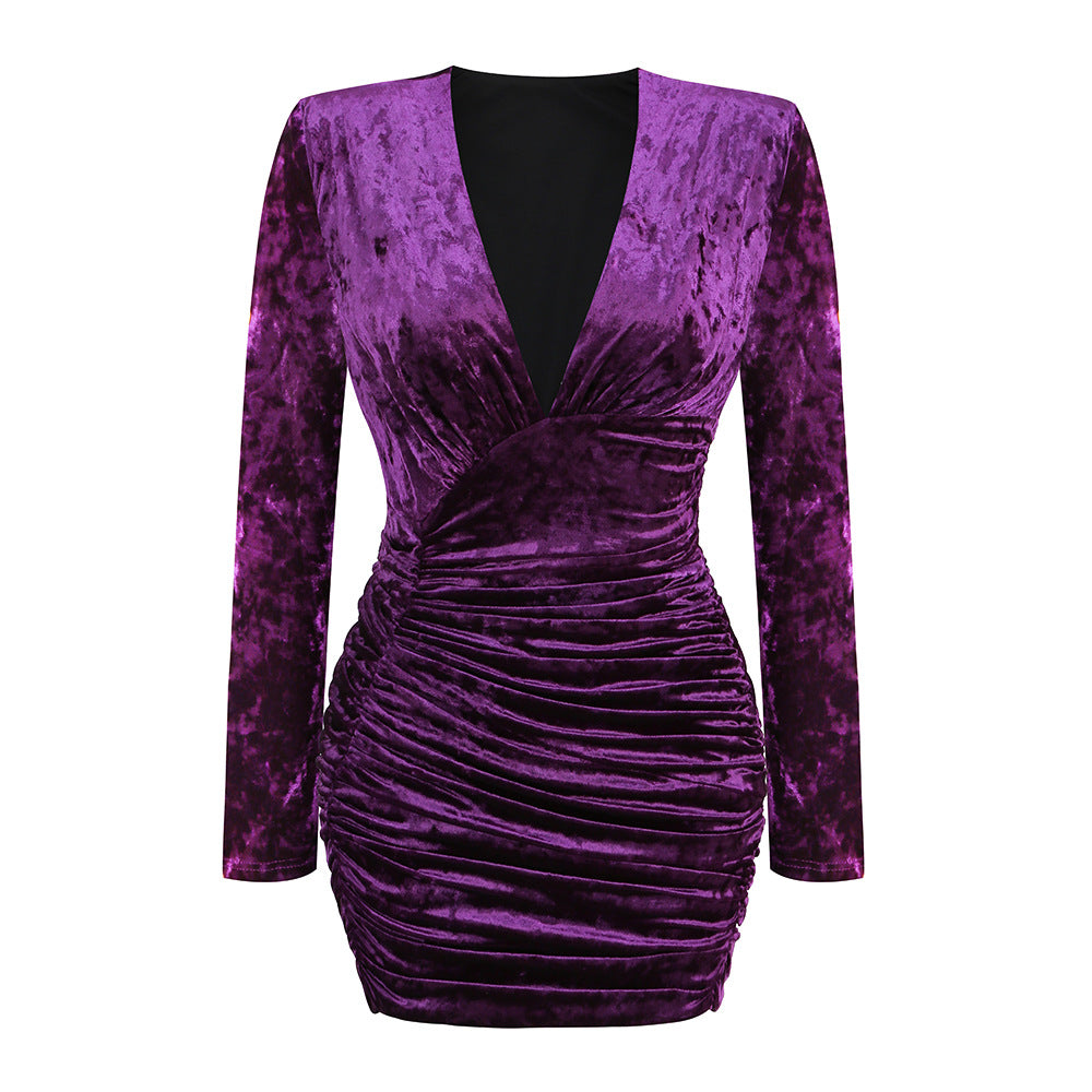 Sexy Deep V Long Sleeve Right Shoulder Pleated Velvet Dress