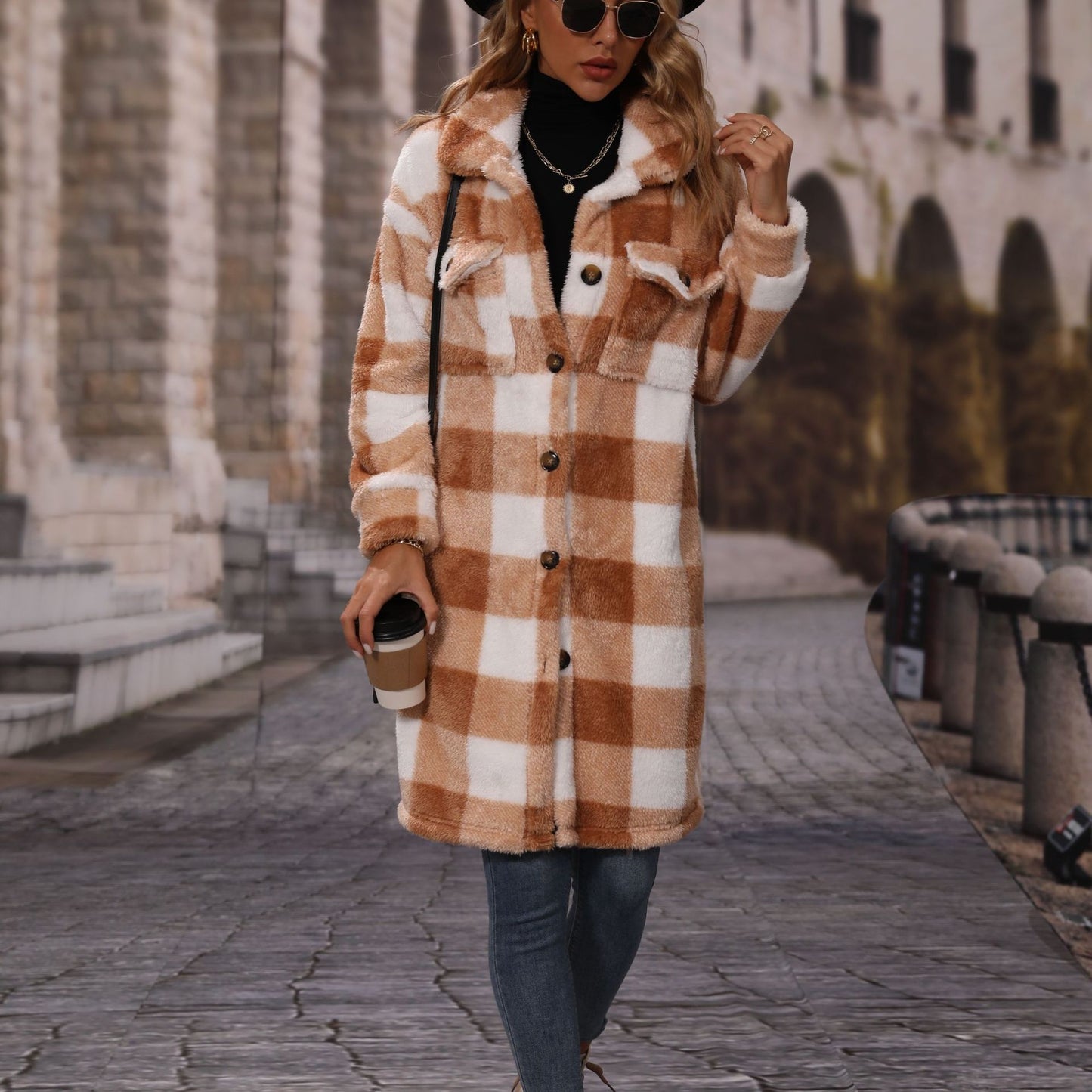 Autumn winter women's wear lapel long sleeve loose plaid single-breasted long plush casual coat