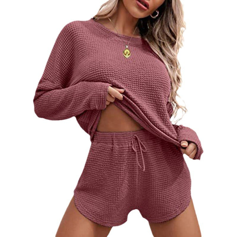 Waffle Knitted Pajamas Casual Suit Homewear Sportswear