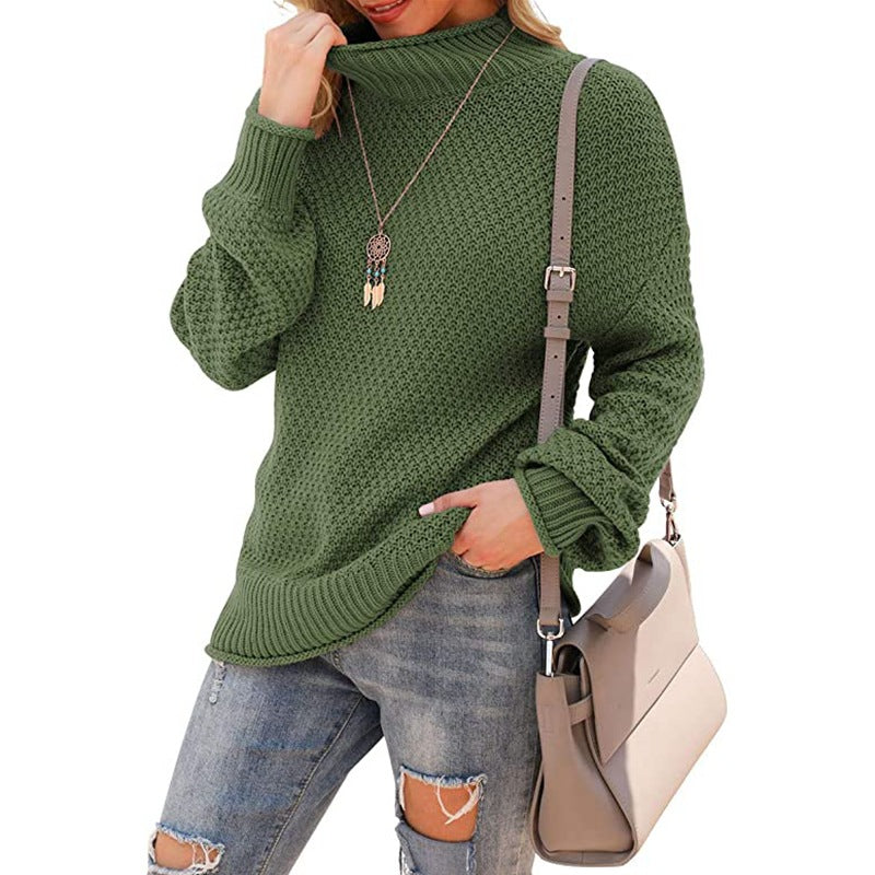 Women's sweater half turtleneck large size sweater bat long sleeve pullover loose solid color sweater