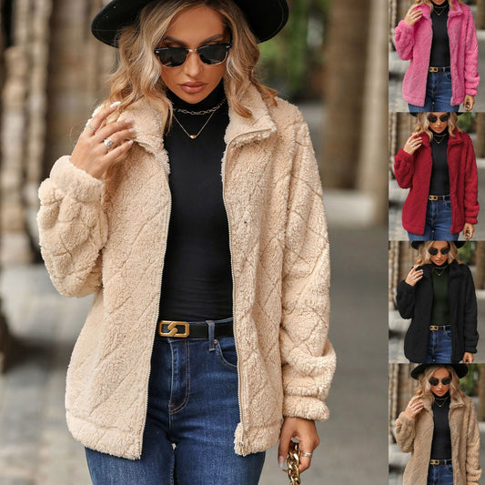 Women's autumn and winter New long sleeve cardigan zipper Diamond plush coat for women