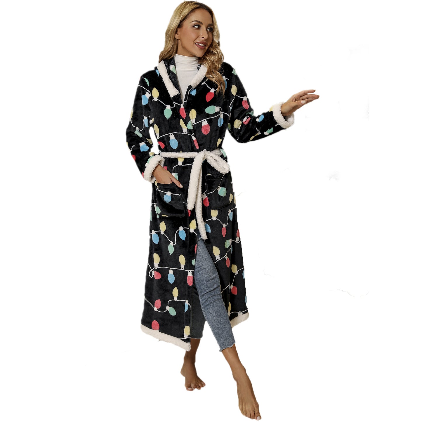 Autumn and winter women's long-sleeved trousers home leisure breathable Hood flannel Christmas style nightgown