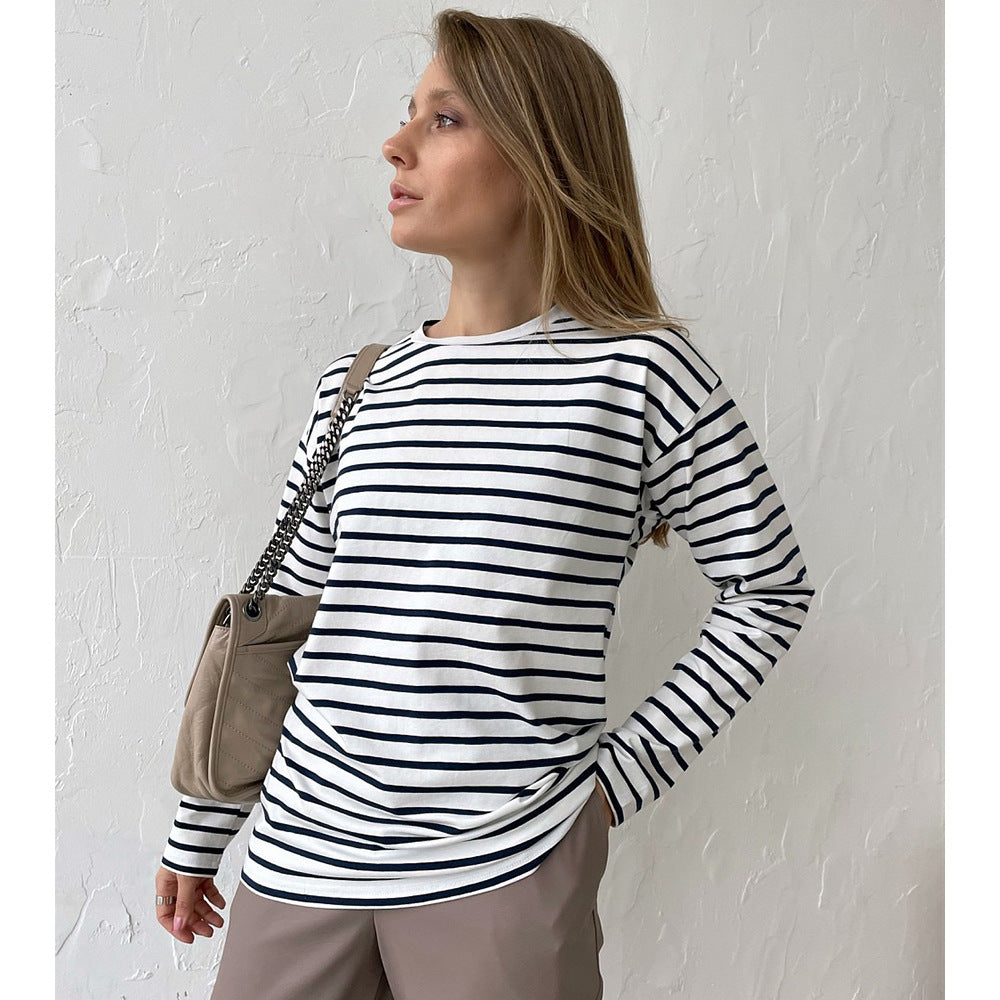 Long-sleeved striped T-shirt casual round neck cotton striped loose top