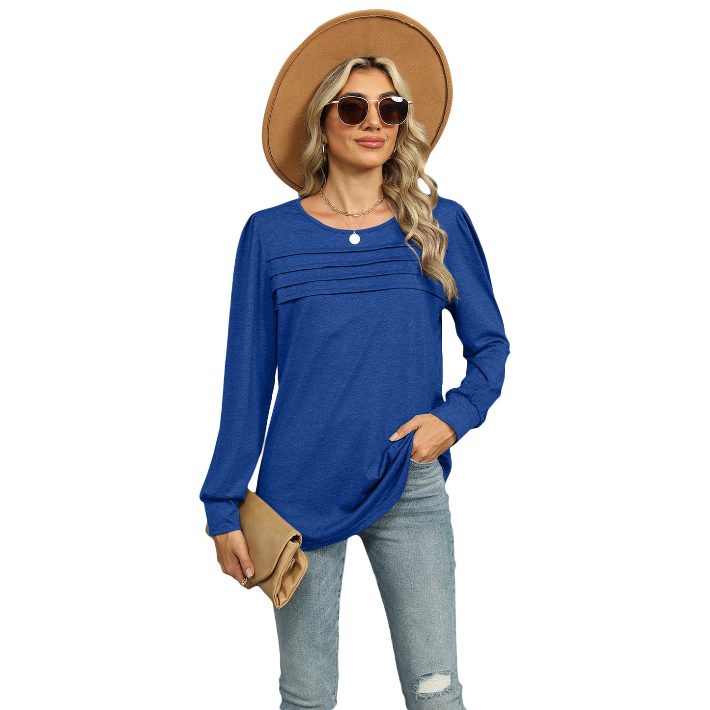 Women's autumn and winter solid color U-neck pleated long-sleeved T-shirt top