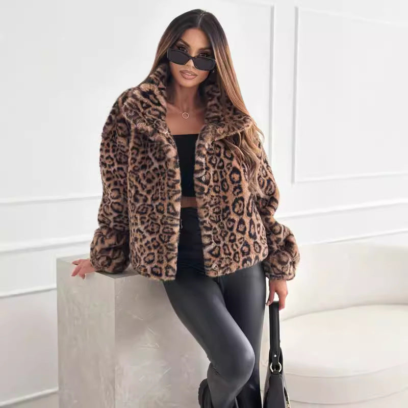Fashion personality new autumn and winter fluffy leopard print lapel short coat