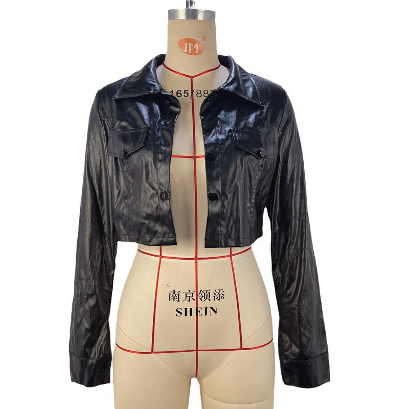 Autumn Winter sexy cropped hot girl motorcycle clothing women's leather top coat