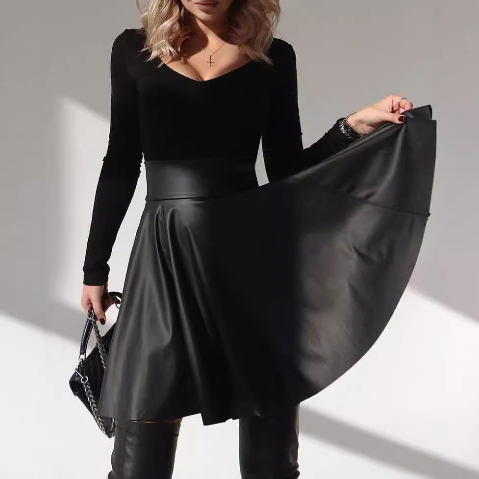 Women's skirt autumn and winter New High waist big swing PU leather umbrella skirt