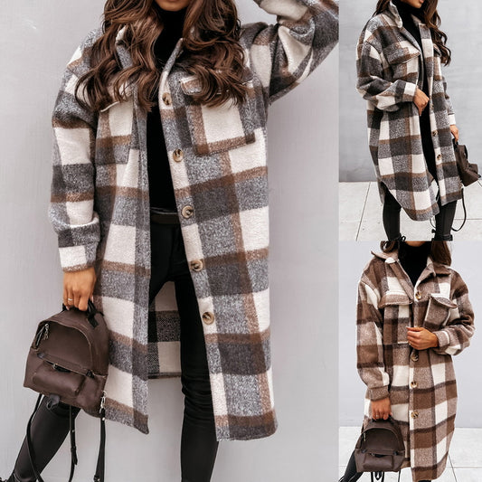 Women's autumn and winter long single-breasted lapel shirt coat woolen coat