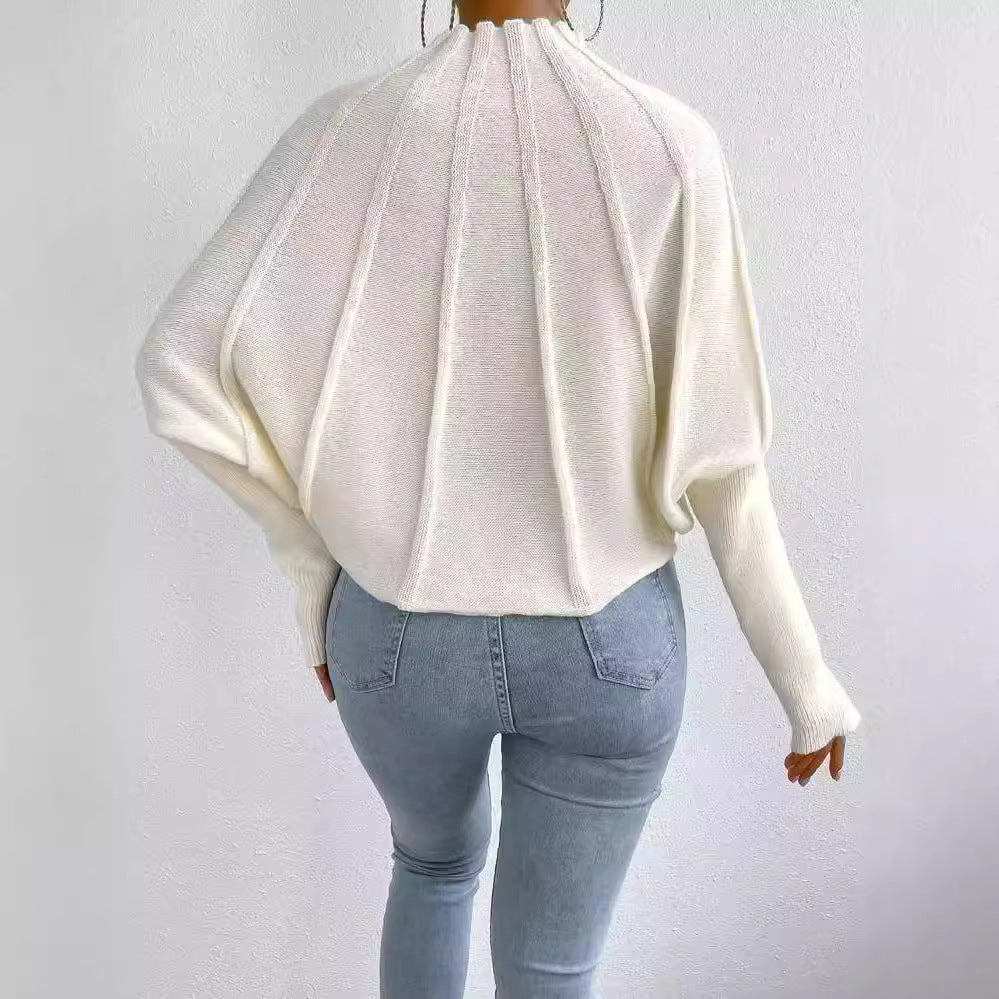 New half turtleneck pure color all-matching knitted pullover batwing-sleeve sweater outerwear women