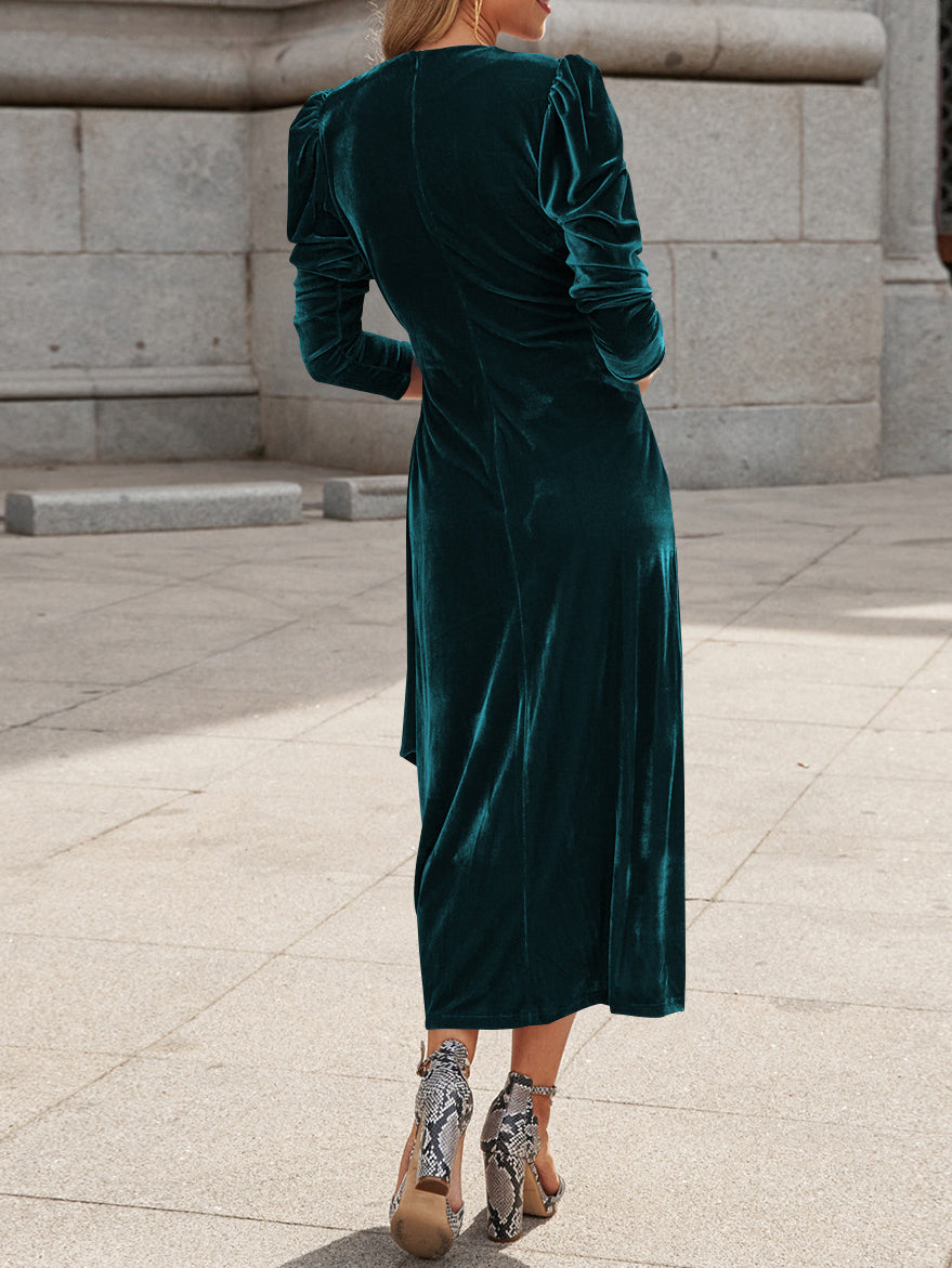 V Neck Pleated Velvet Midi Dress