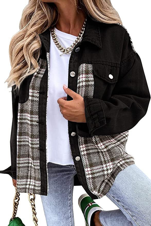 Autumn and winter Denim jacket long sleeve plaid button shirt jacket top