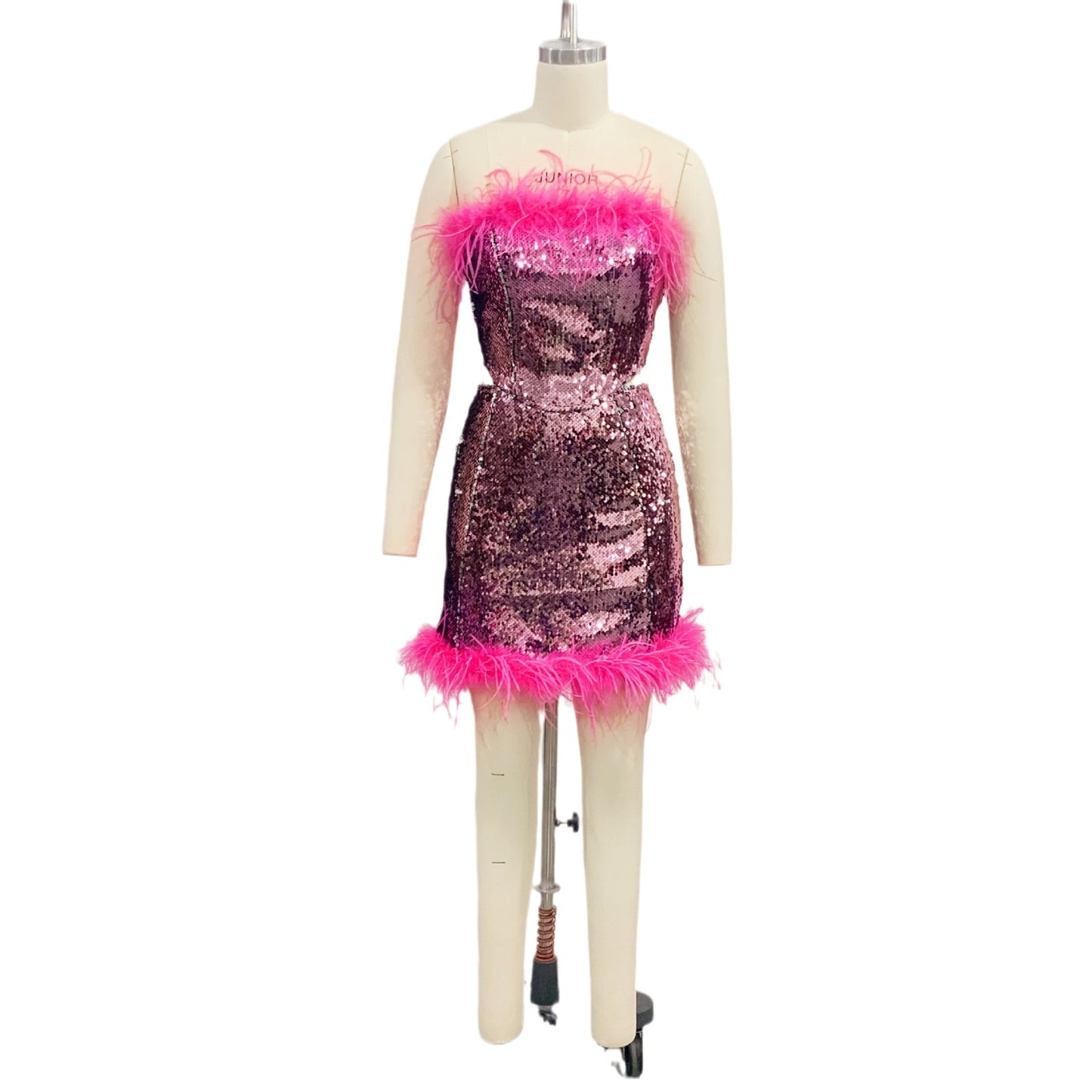 Sexy Ostrich Feather Sequined Suit Skirt Women's Party Dress