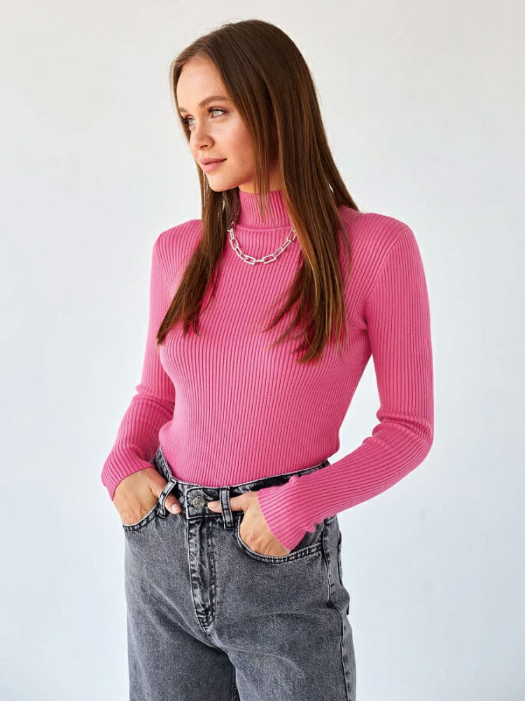 Pure Color half collar sweater European and American 2024 autumn and winter women's slim knit bottoming shirt