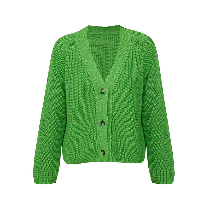 Women's V-neck short sweater cardigan autumn and winter batwing sleeve button solid color knitted coat