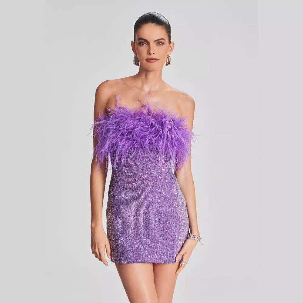 Women Sequin Strapless Dress Ostrich Feather Formal Dresses