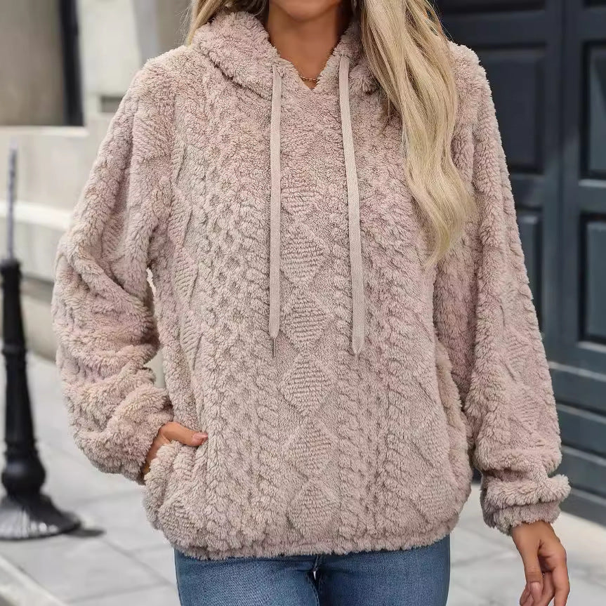 Autumn and winter women's plush jacquard fabric long sleeve loose hooded pullover sweater