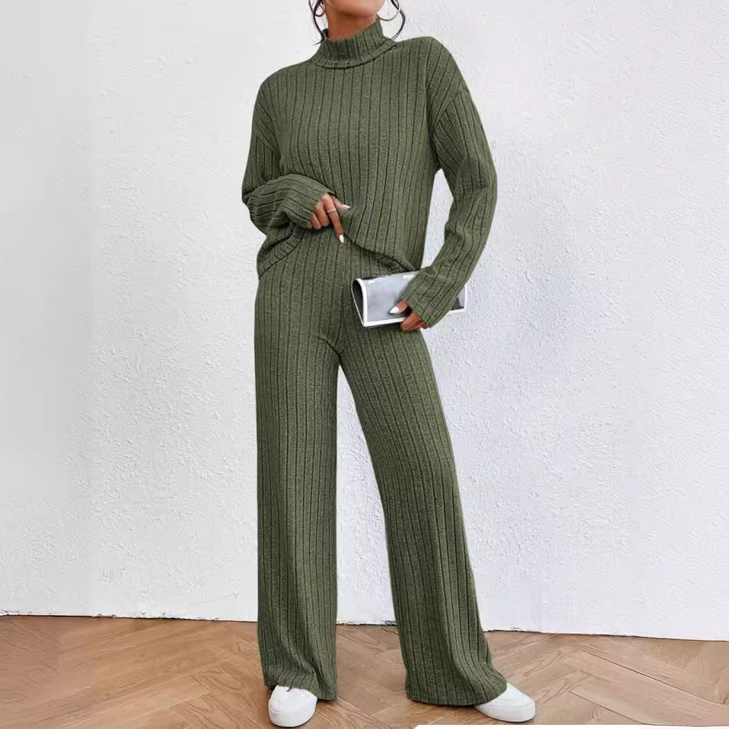 Autumn and Winter solid color turtleneck long sleeve sunken stripe loose wide leg pants home wear two-piece suit