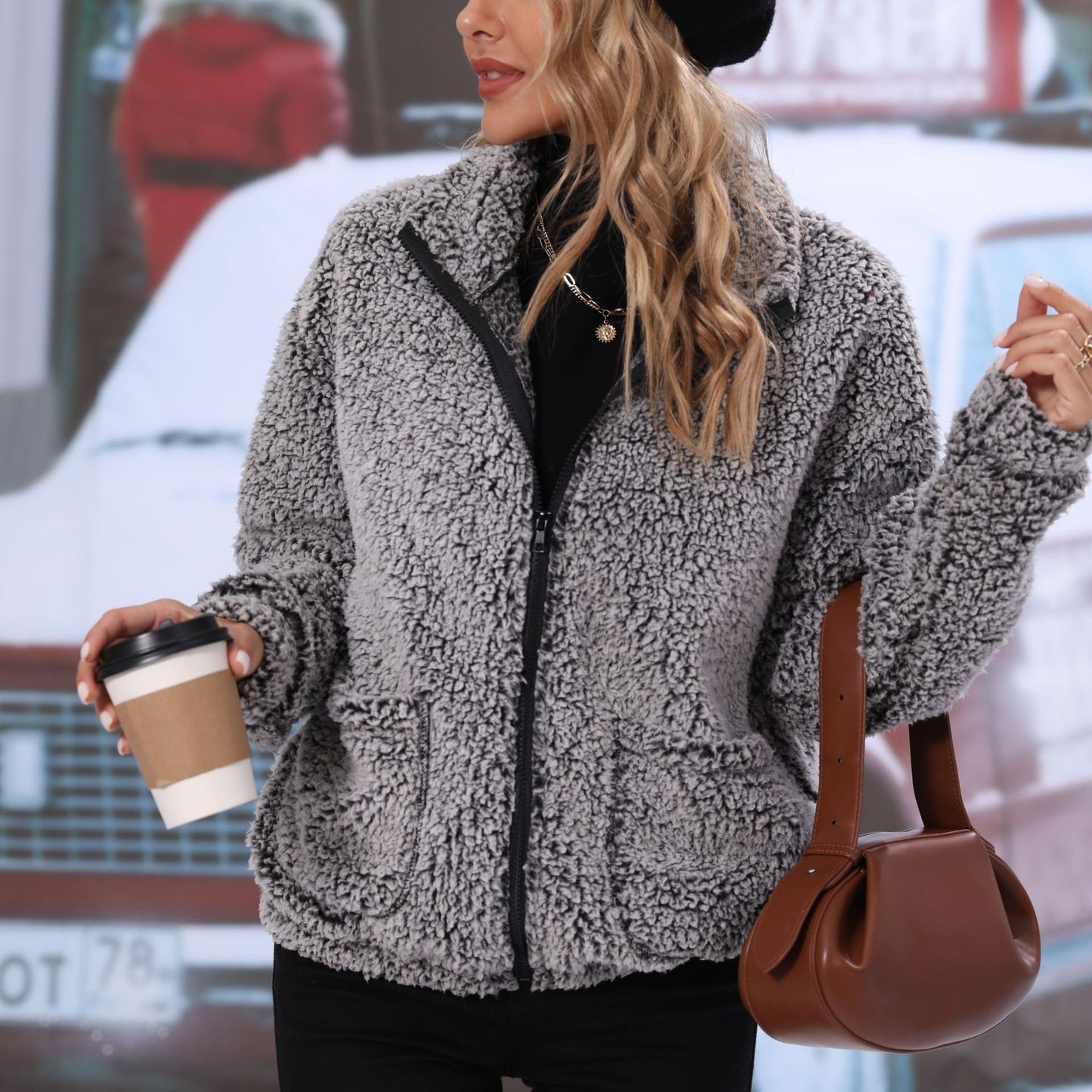 Women's autumn clothing lapel long sleeve zipper double-sided bubble velvet loose casual jacket