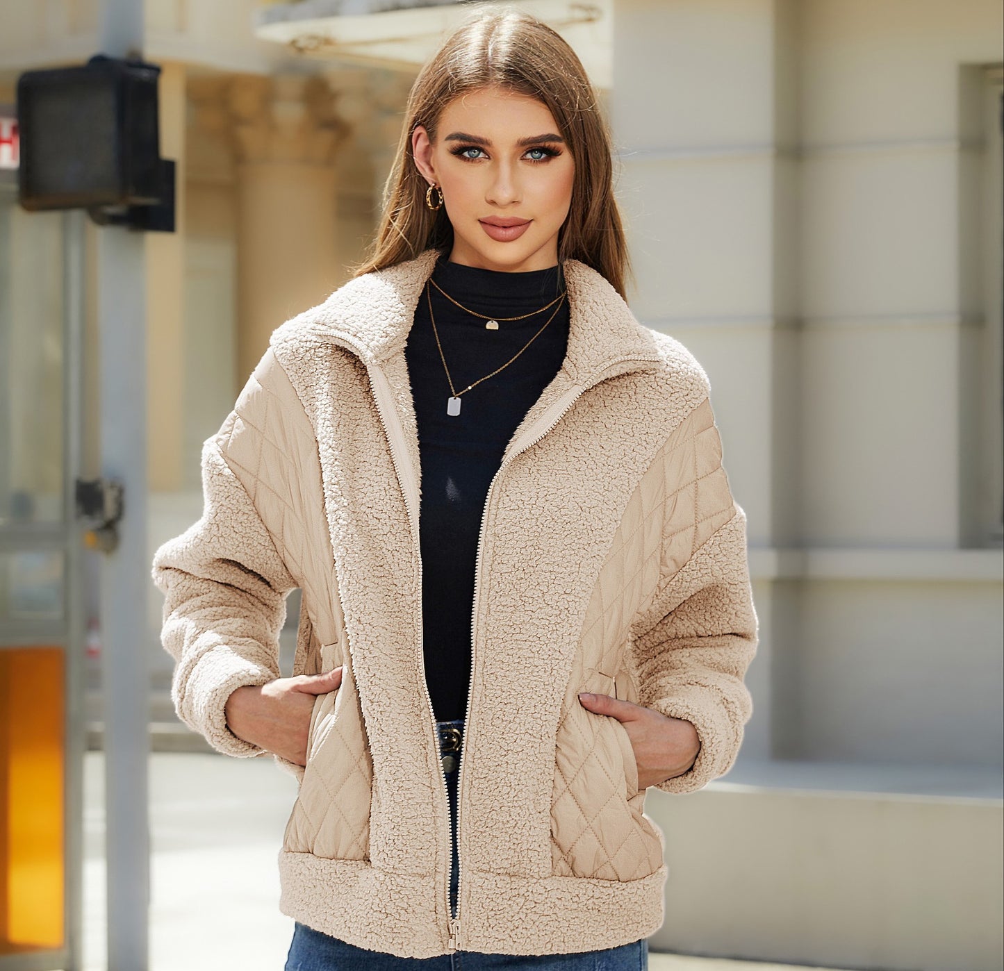 Women's autumn and winter long sleeve cardigan zipper plush stitching women's coat