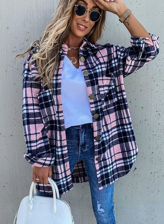 Women's autumn and winter loose casual retro plaid long sleeve shirt coat