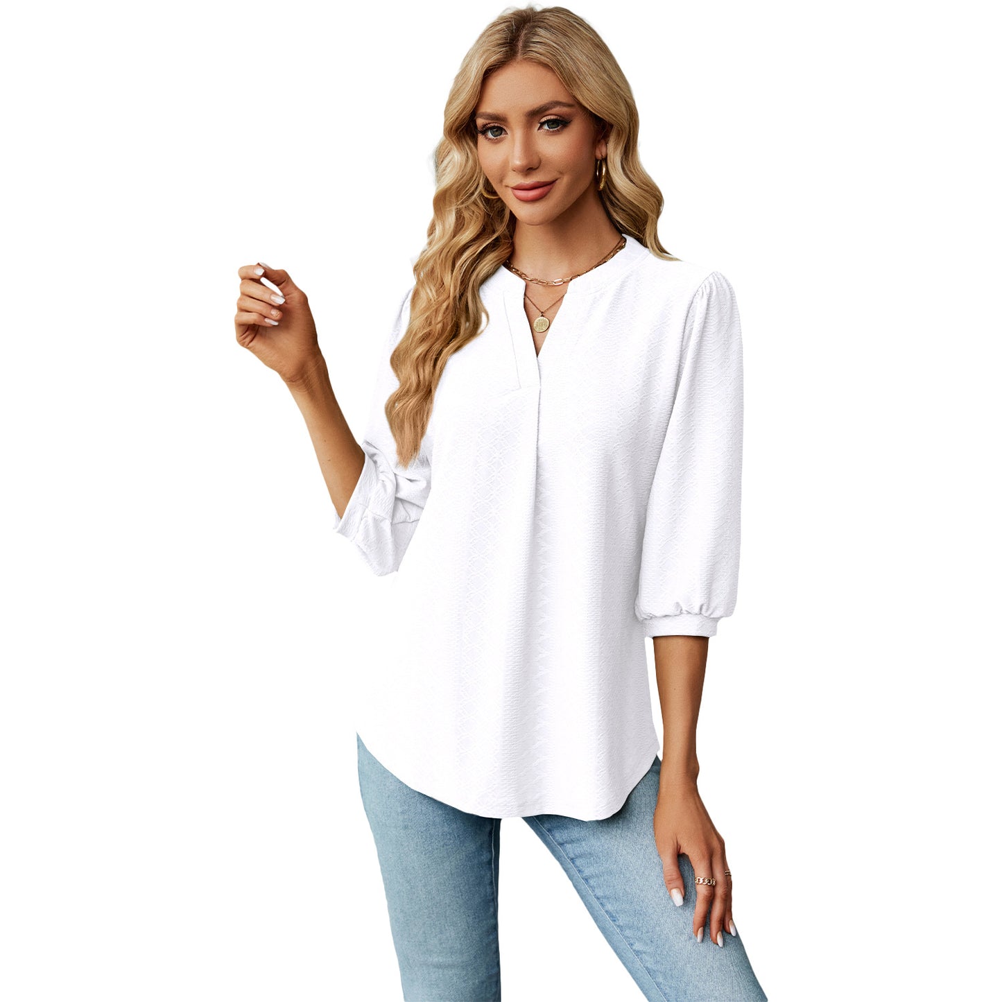 Autumn and Winter new solid color and V-neck jacquard 3/4 sleeve loose-fitting T-shirt top women