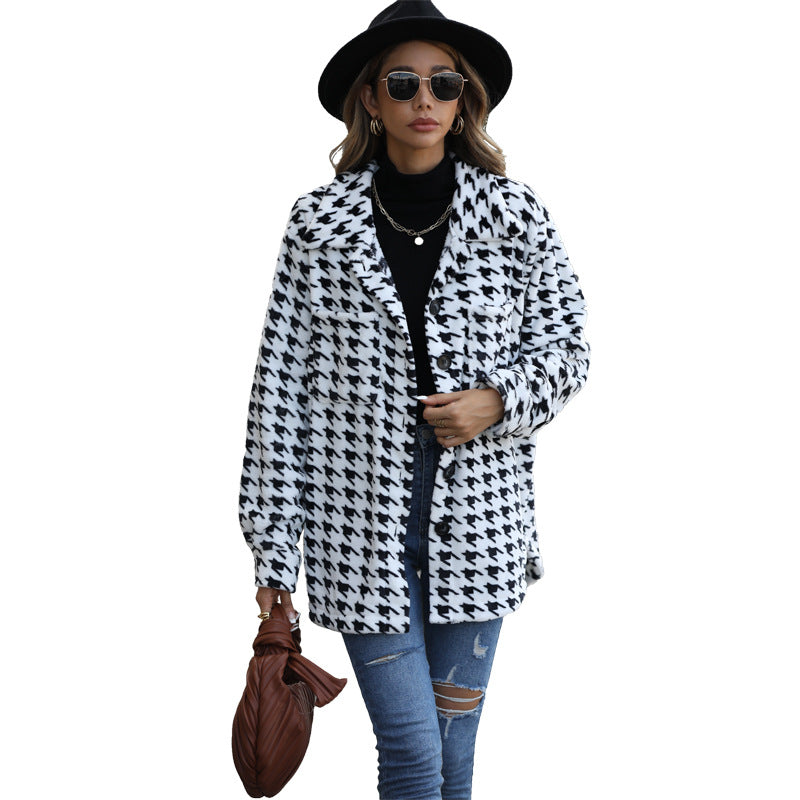 Autumn leisure plush women's long sleeve loose houndstooth mid-length flannel blazer collar coat