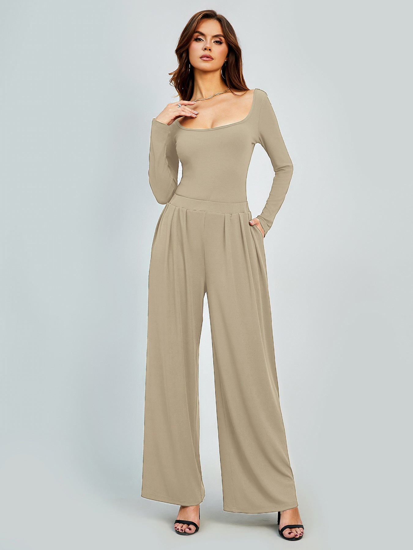 Pure Color Casual Straight-Leg Pants Women Drape Wide Leg