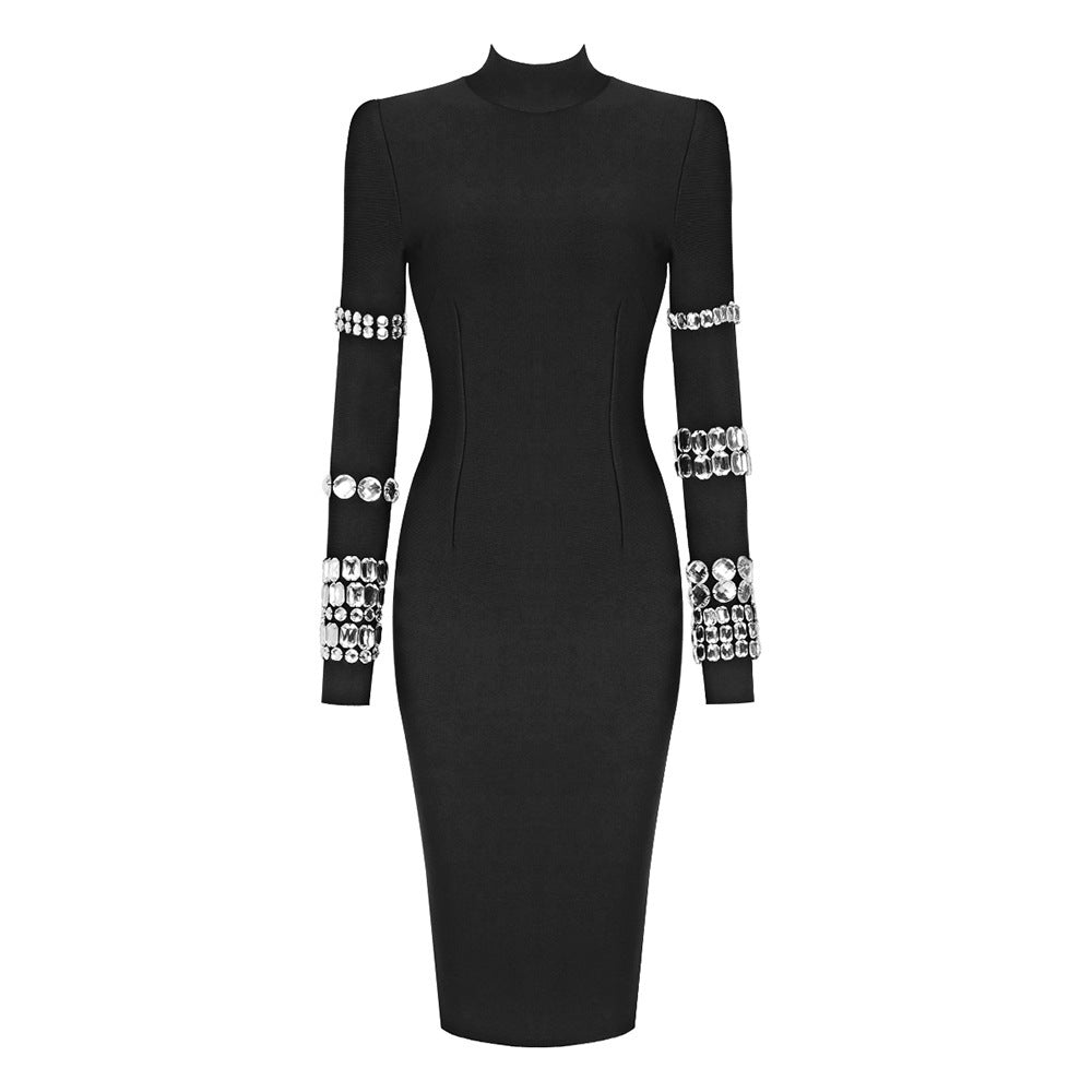 Black Mid-Length Turtleneck Seam Drill Bandage Dress