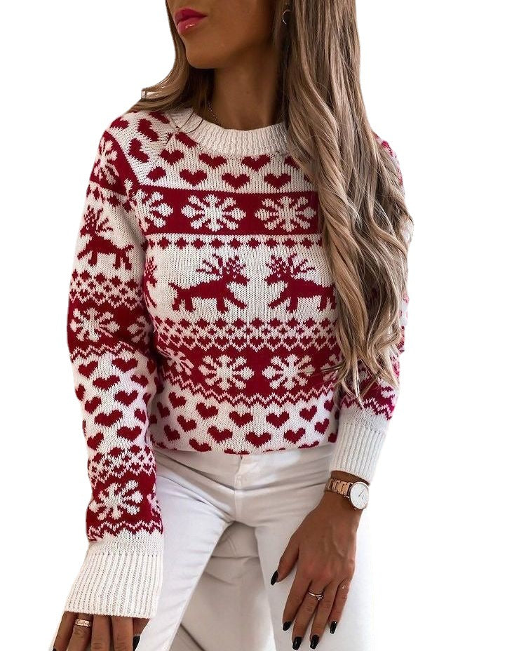 Women's new Christmas elk sweater long sleeve round neck knit sweater