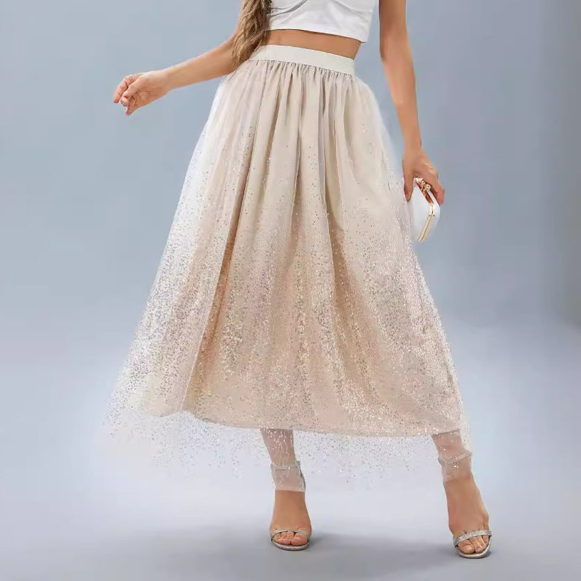 Women's skirt long high waist pleated gradient mesh sequin dress