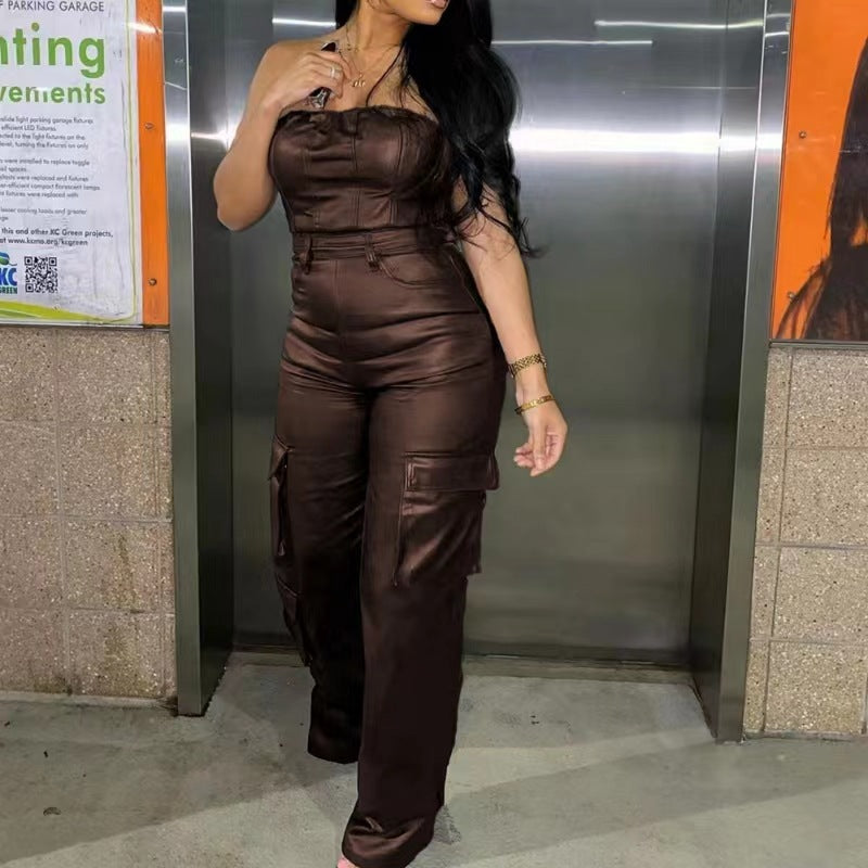 Sexy off-the-shoulder tube top tight-fitting waist PU leather jumpsuit