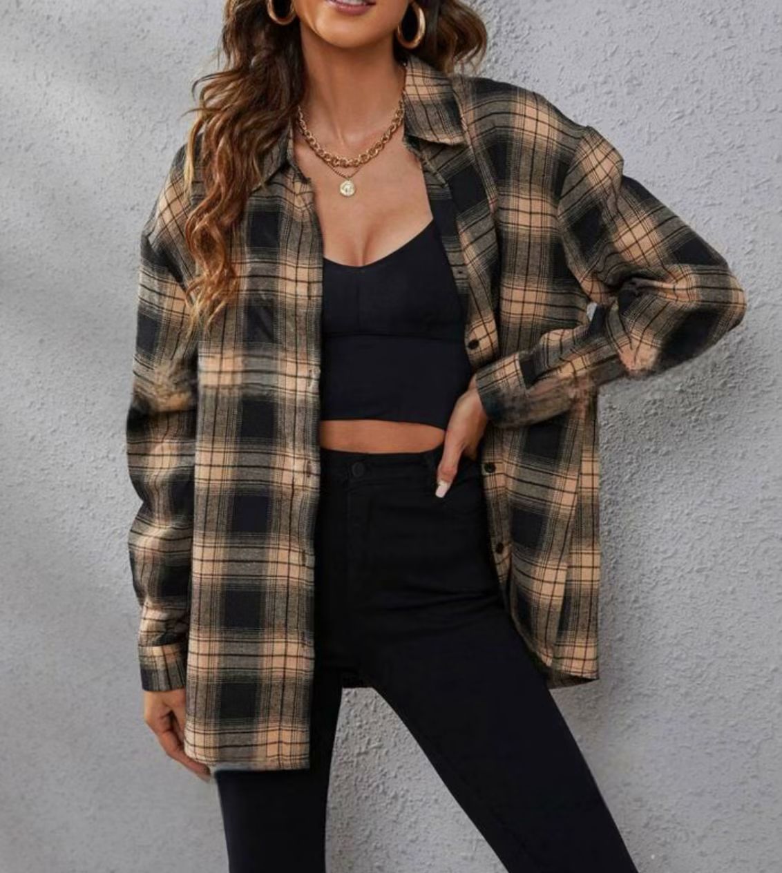 New foreign trade European and American women's shirt lapel single-breasted long-sleeved plaid shirt