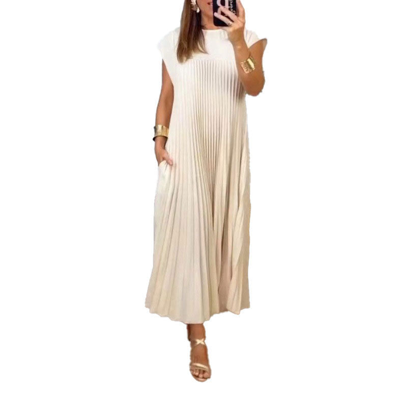 New dress elegant and fashionable round neck sleeveless pleated long dress