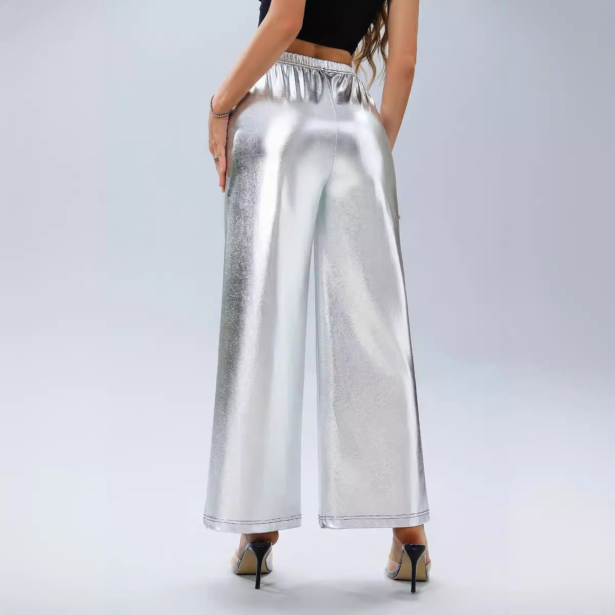 Women's trousers hot silver loose high waist wide leg women's casual trousers