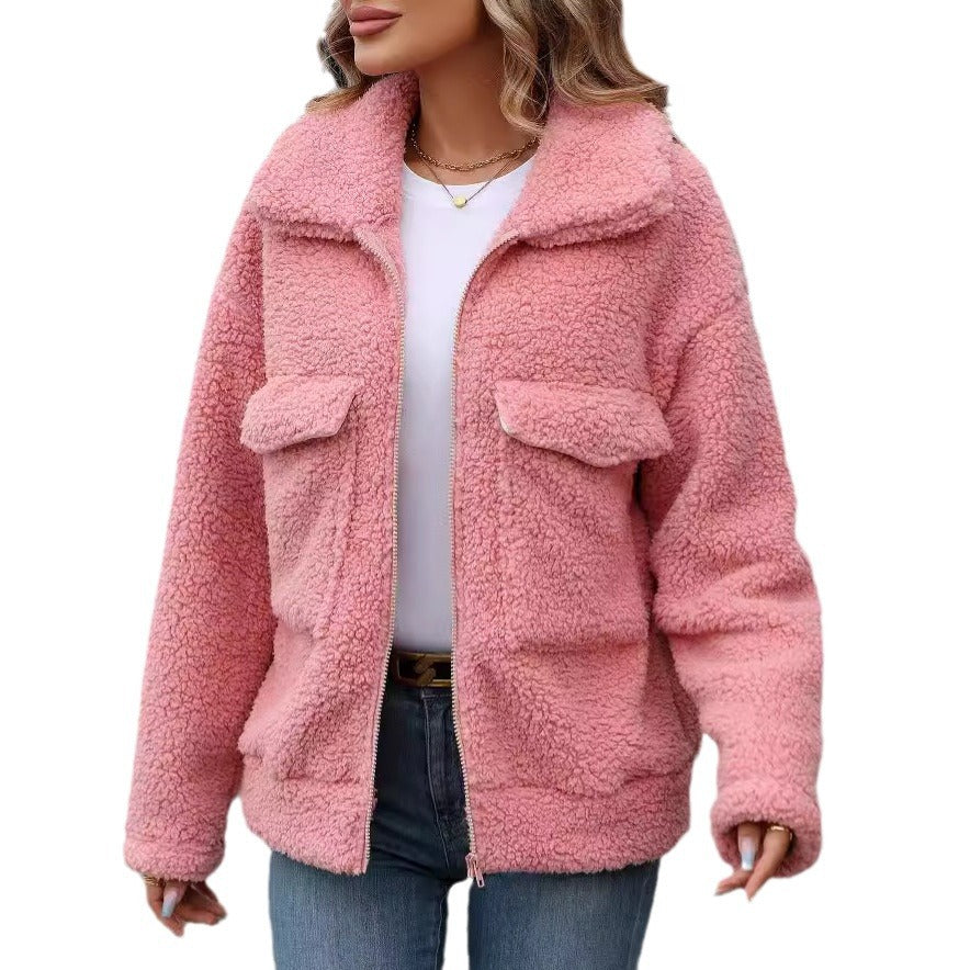 Women's autumn and winter loose lapels large pocket zipper plush coat