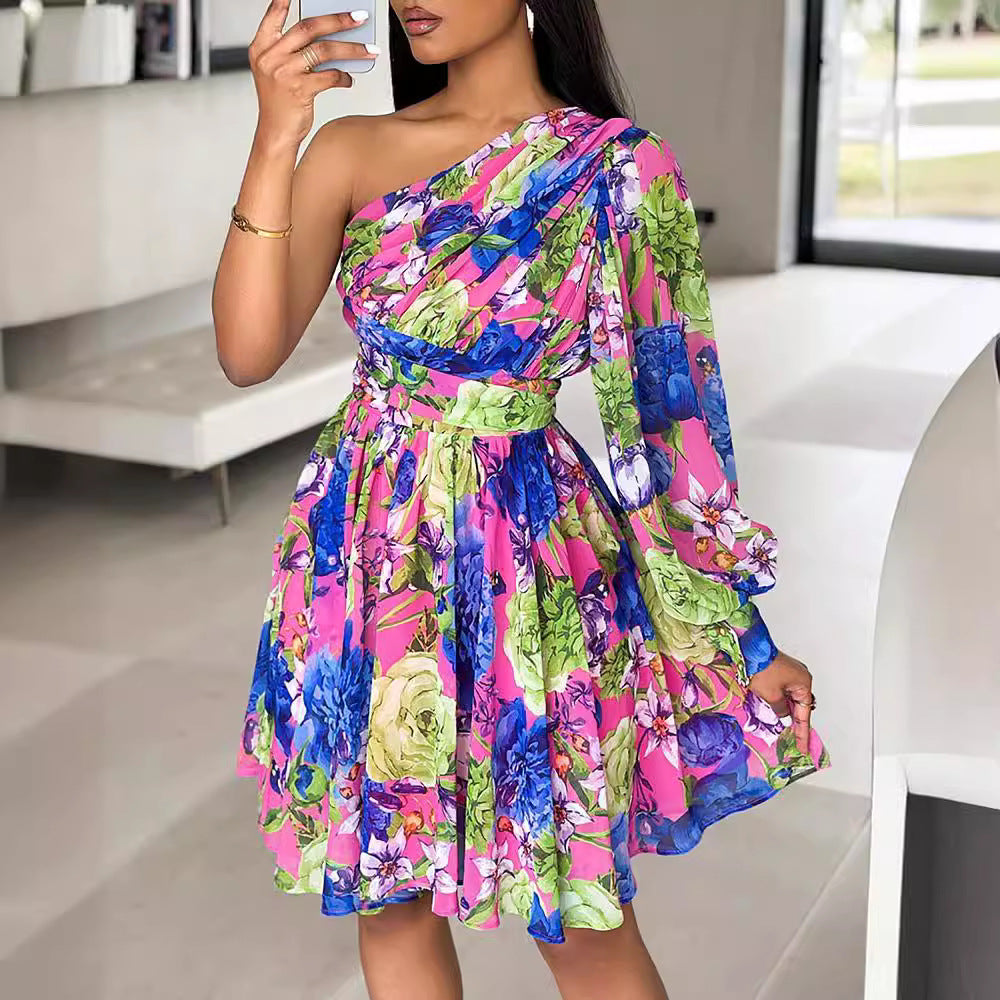 Bohemian print slanted shoulder long-sleeved mid-dress dress