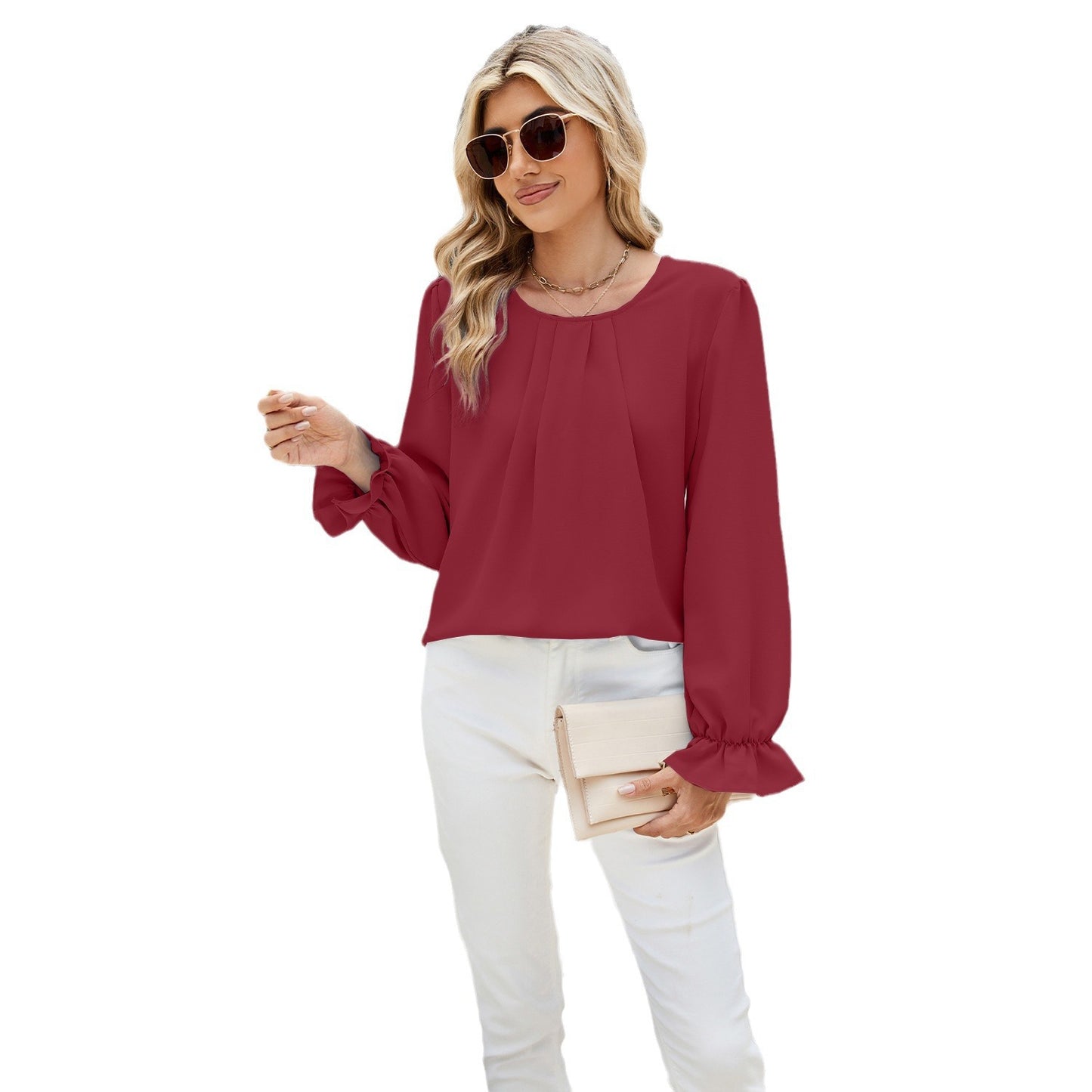 Autumn and Winter solid color round neck long sleeve loose chiffon blouse top for women