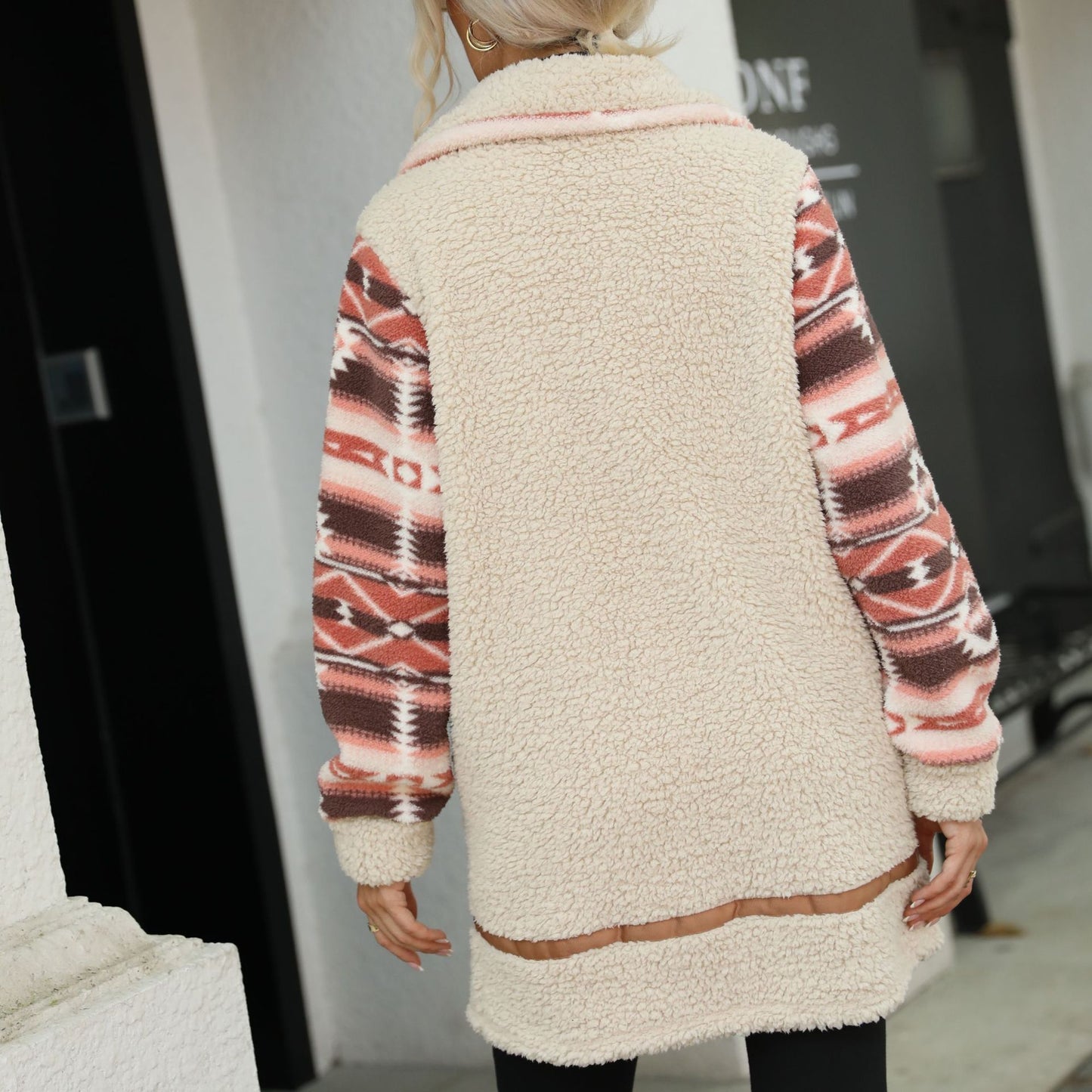 Women's cardigan particle color matching printing lapel long stitching zipper plush coat