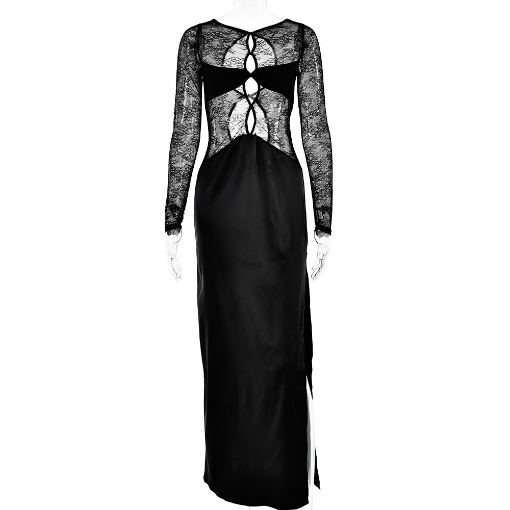 Fall lace see-through stitching dress female sexy split maxi dress