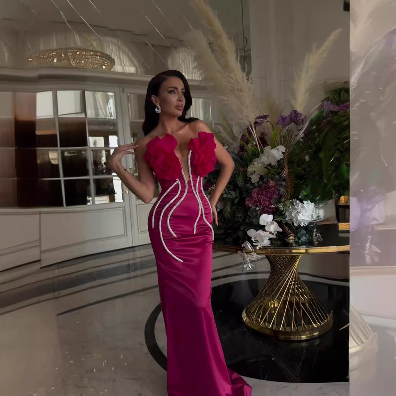 Bandage Dress Evening Gown Flower Diamond Chain Fish Tail Strapless