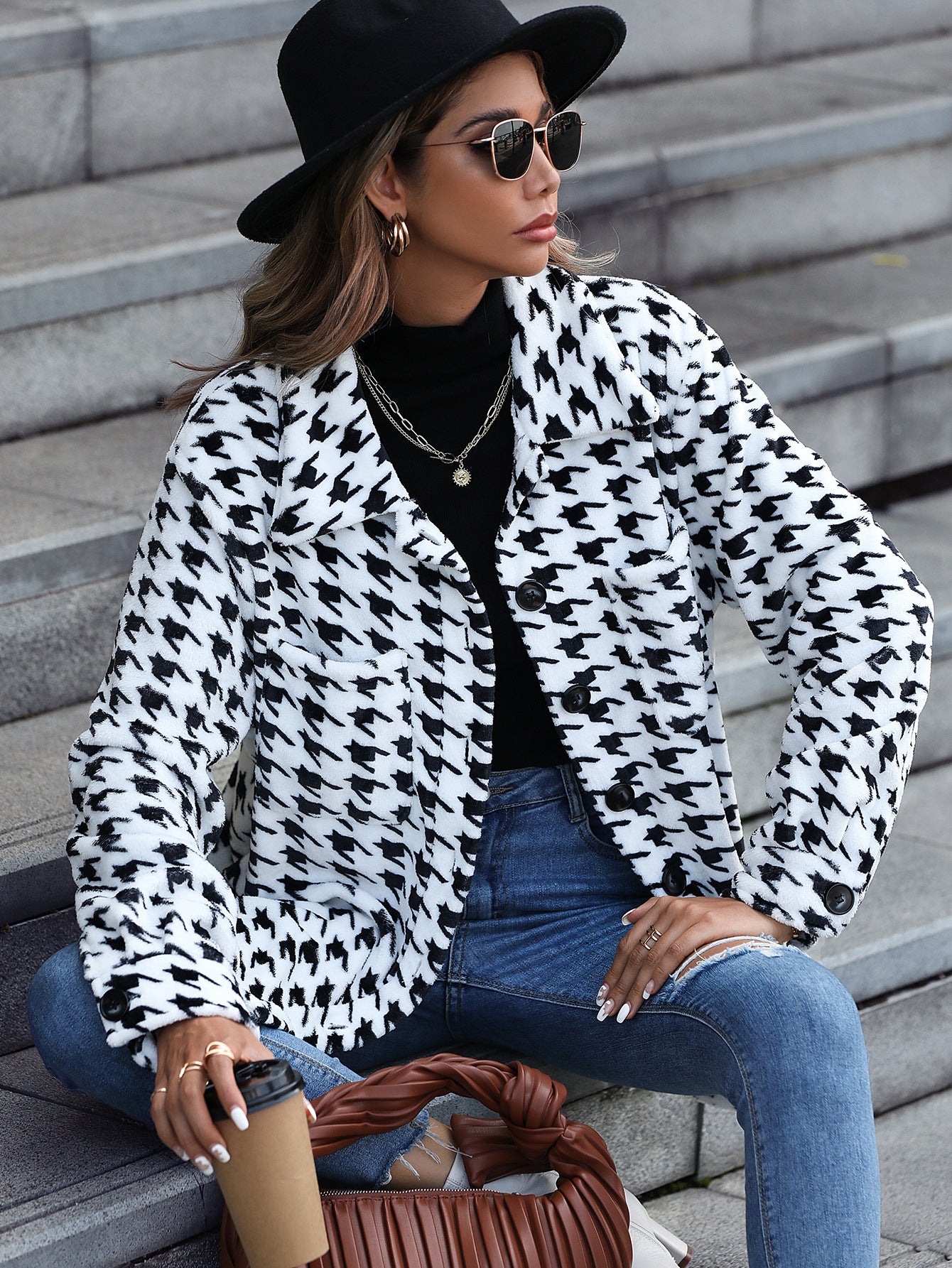 Autumn leisure plush women's long sleeve loose houndstooth mid-length flannel blazer collar coat