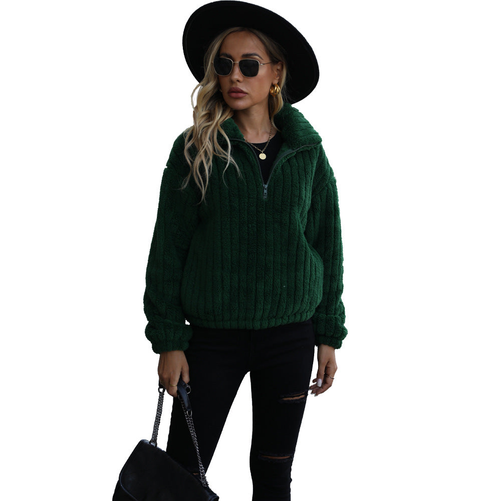 Women's autumn and winter casual polo collar solid color long sleeve pocket half zipper pullover sweater