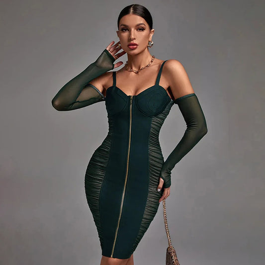 Mesh See-Through Off Shoulder Spaghetti Hollow Out Tied Pleated Dress