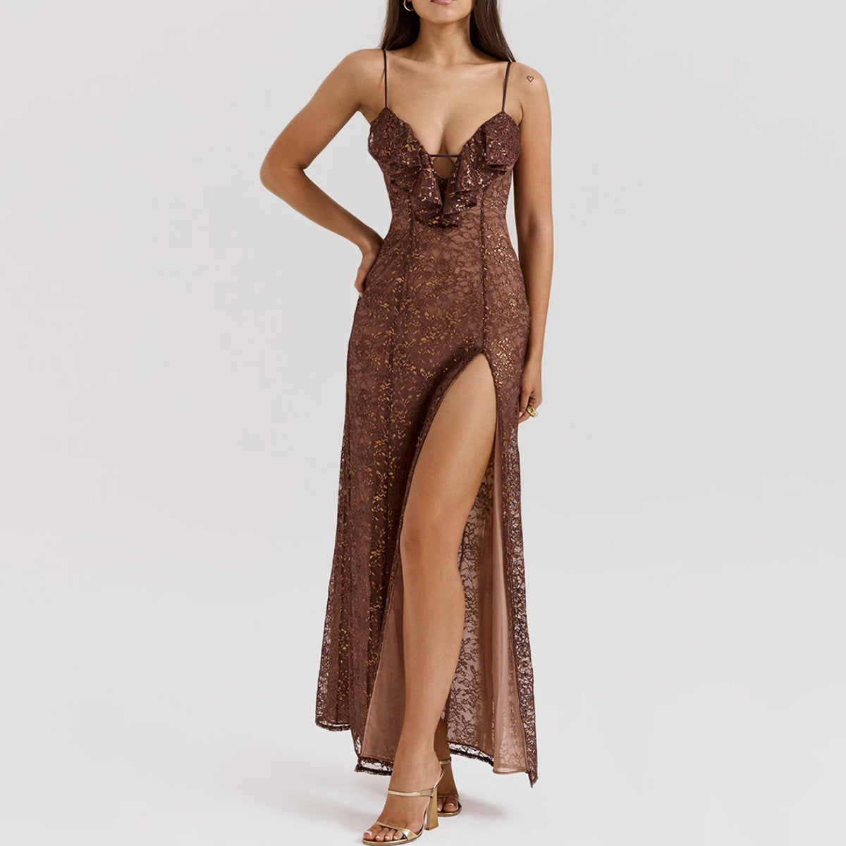 V-Neck Lace Split Long Sexy Sling Dress