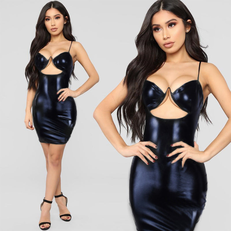 Summer new sexy ladies hip wrap PU leather women's dress dress pure desire